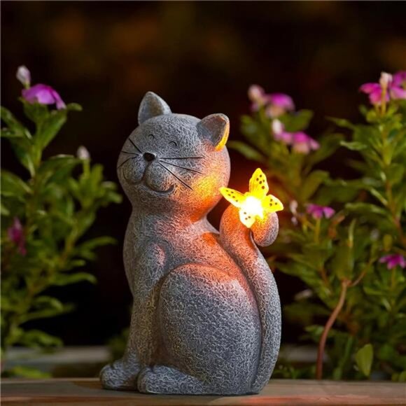 Nacome Solar Cat Outdoor Statues for Garden: Outside Decor with Butterfly - Picture 1 of 7